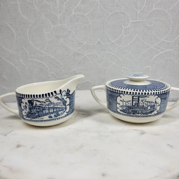 Vintage Royal China Currier & Ives Ironstone Scene Sugar Creamer Blue Steamboat - Picture 8 of 16